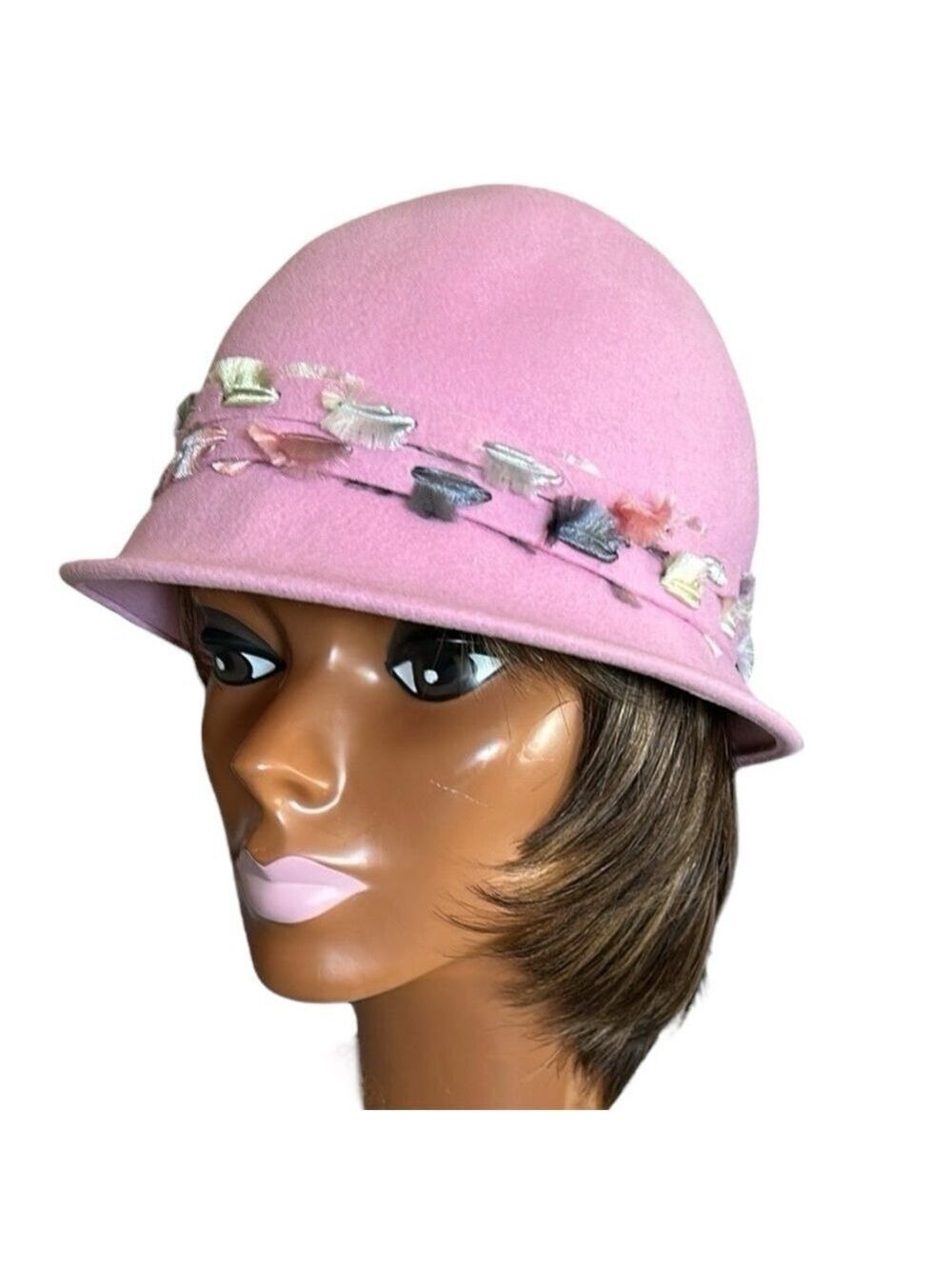 Lorenzo of Italy 100% Wool Pink Cloche Hat with Satin Fringe Accents Vintage